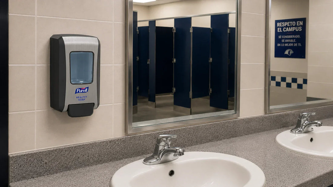 Baño escolar de preparatoria o universidad con lavabos y dispensador de jabón en espuma PURELL FMX-20 instalado en pared.