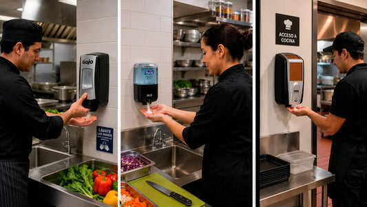 Personal de cocina utilizando dispensadores de jabón y sistemas de dosificación en áreas de preparación de alimentos para mejorar el control de insumos, reducir desperdicios y optimizar costos operativos en restaurantes.