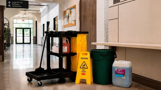 Kit de limpieza escolar institucional con carro Rubbermaid, contenedor BRUTE, señalización y limpiador Limpro en campus.