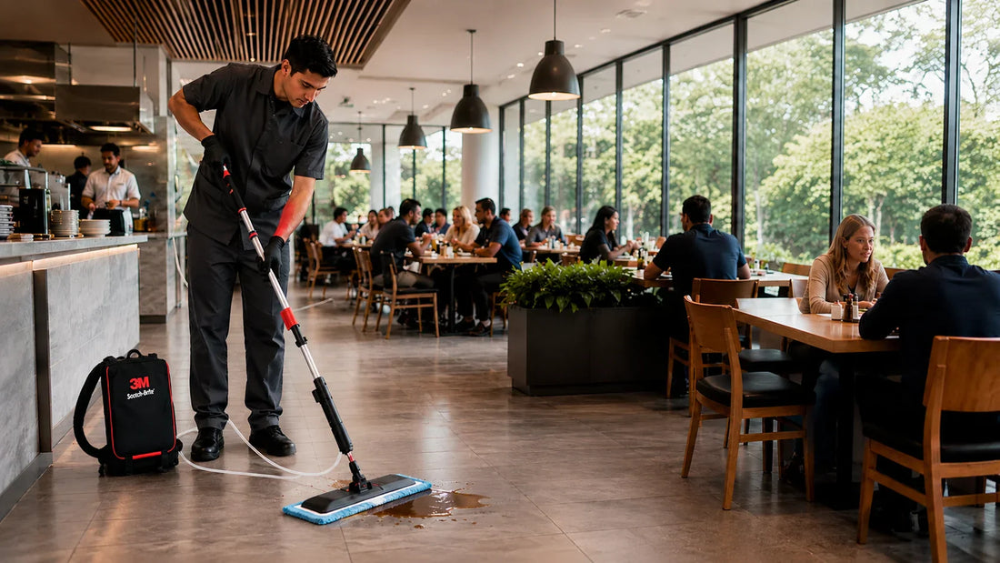 Operario realizando limpieza rápida en restaurante con sistema profesional 3M Scotch-Brite, manteniendo pisos limpios y seguros durante horarios de alta afluencia.