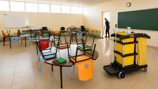 Personal de limpieza preparando un salón de clases durante las vacaciones de verano con un carro de limpieza Rubbermaid para la limpieza profunda de escuelas antes del regreso a clases.