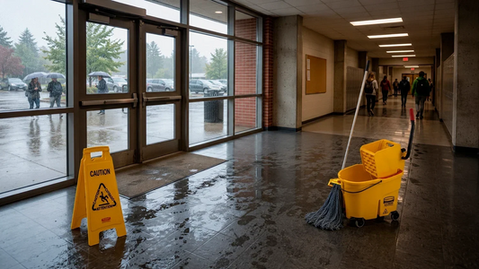 Entrada de escuela en día lluvioso con piso mojado, señalamiento de precaución y cubeta WaveBrake para prevenir resbalones.