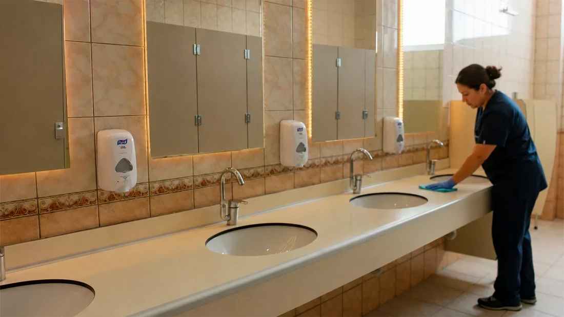 Personal de limpieza desinfectando los lavabos de un baño escolar con paño de microfibra y dispensadores automáticos PURELL instalados.