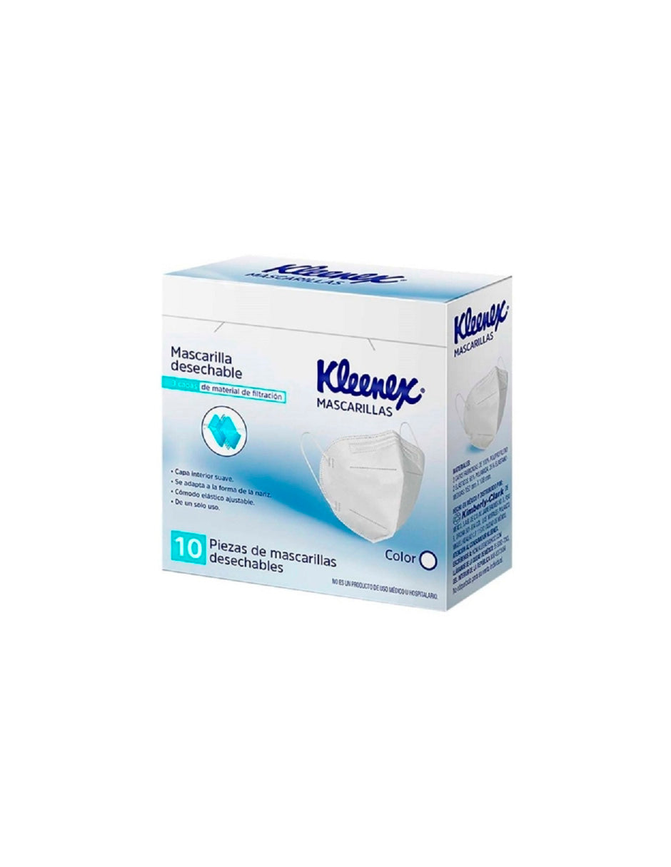 Mascarilla desechable Kleenex blanco 3 tapas cj c 10 pzs